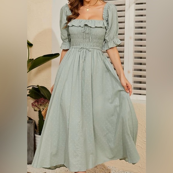 Cottage Core Olive Smocked Dress with Puff Sleeves - Picture 7 of 11